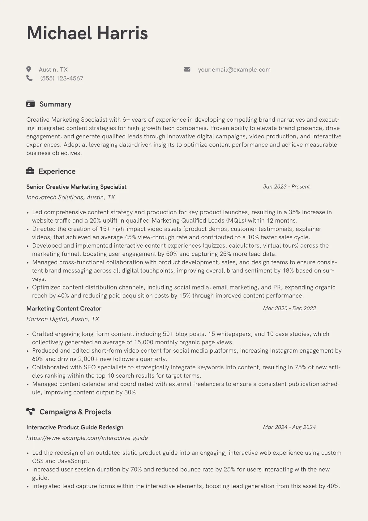 Creative Marketing Specialist resume example, Content Strategy, page 1