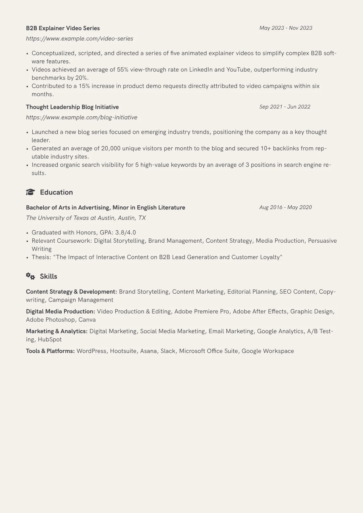 Creative Marketing Specialist resume example, Content Strategy, page 2