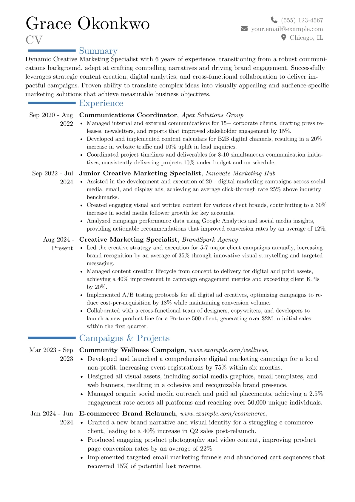 Creative Marketing Specialist resume example, Career changer, page 1