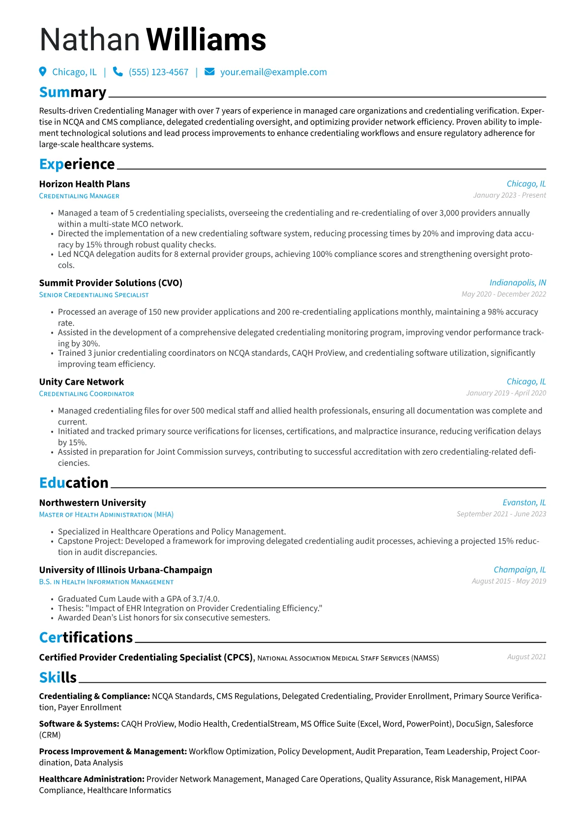 Credentialing Manager resume example, Credentialing Manager, page 1