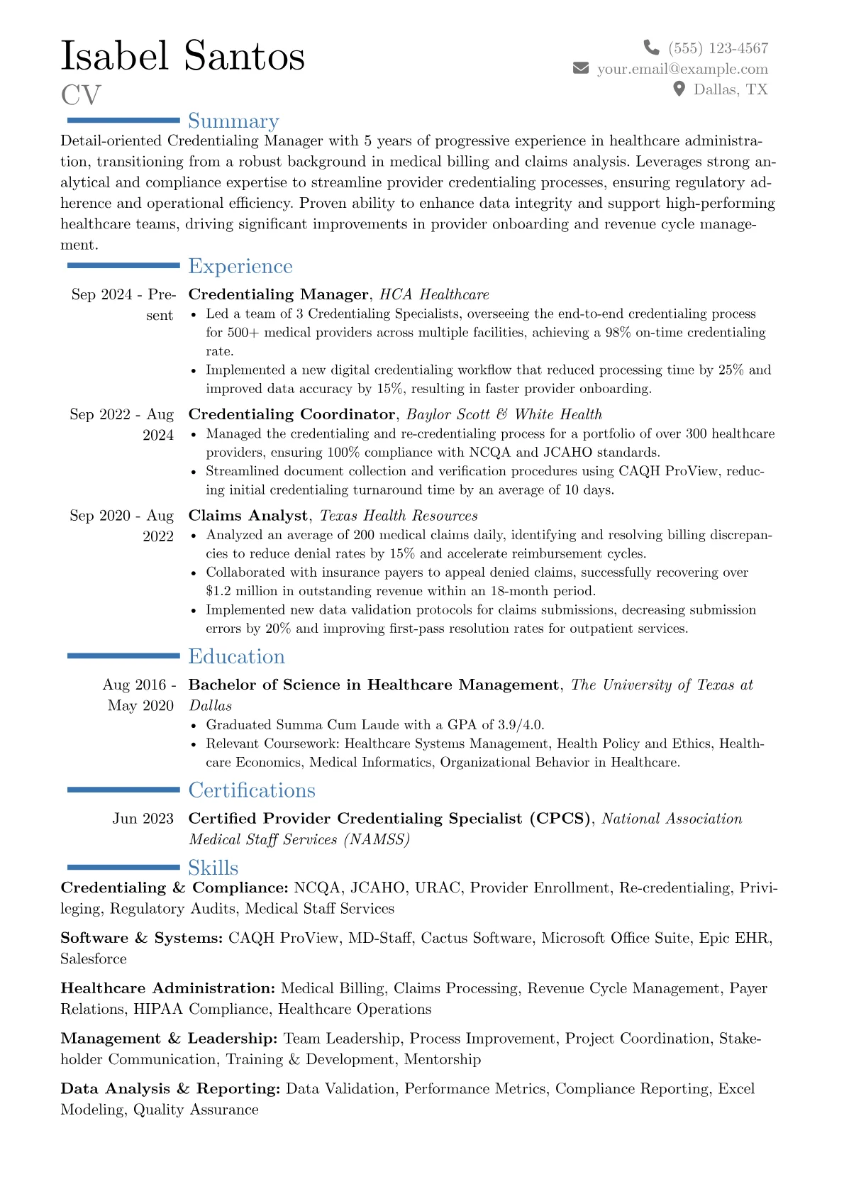 Credentialing Manager resume example, Career changer, page 1