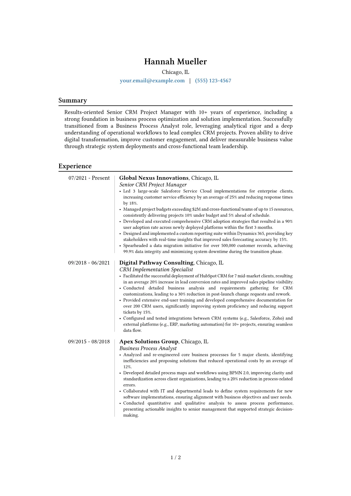 CRM Project Manager resume example, Career changer, page 1