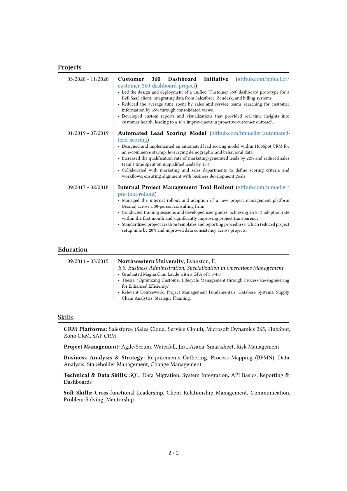 CRM Project Manager resume example, Career changer, page 2