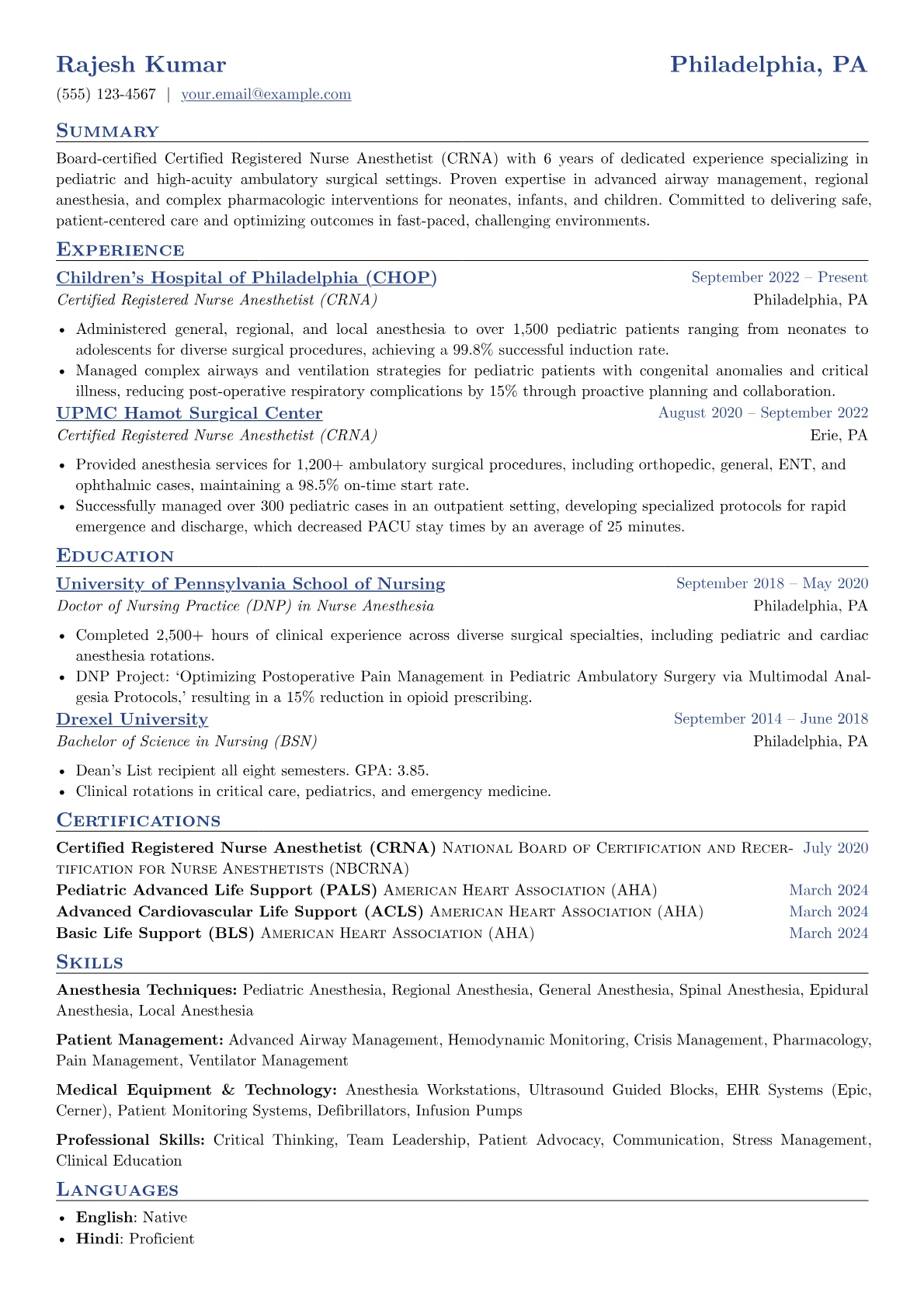CRNA resume example, Pediatric & Ambulatory, page 1