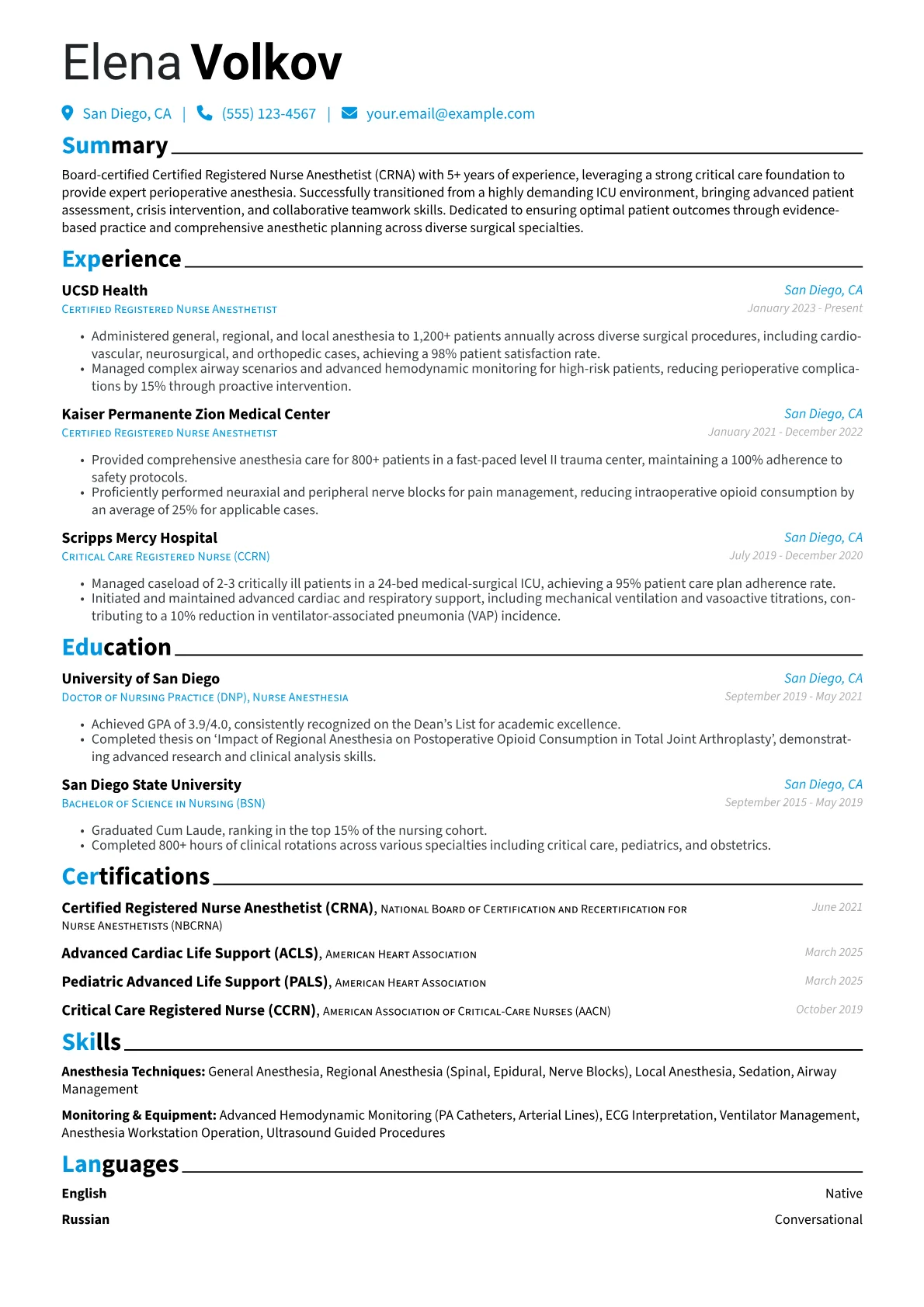 CRNA resume example, Career changer, page 1