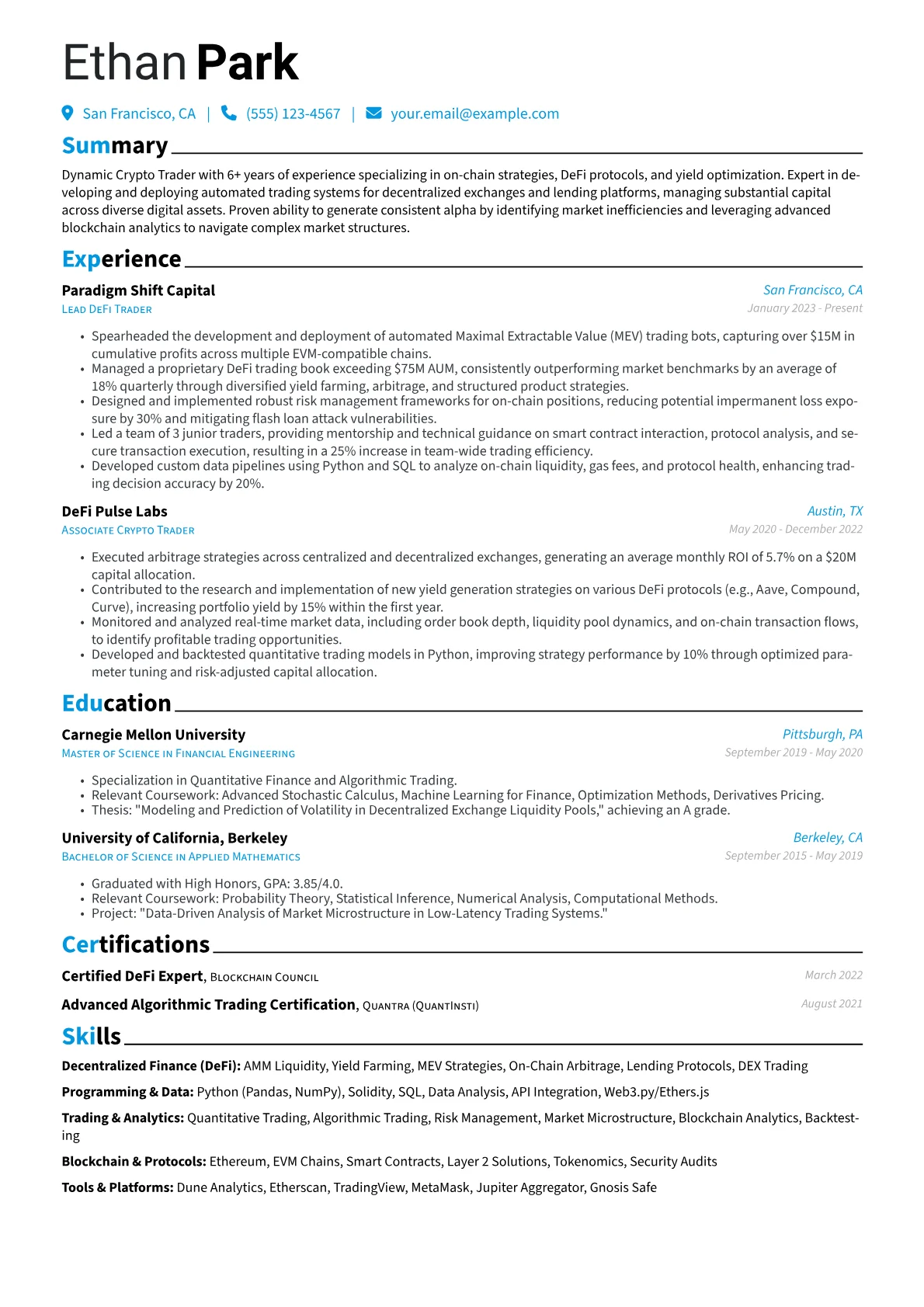Crypto Trader resume example, DeFi Specialist Trader, page 1
