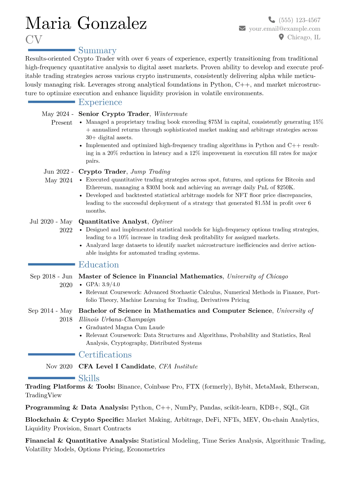 Crypto Trader resume example, Career changer, page 1