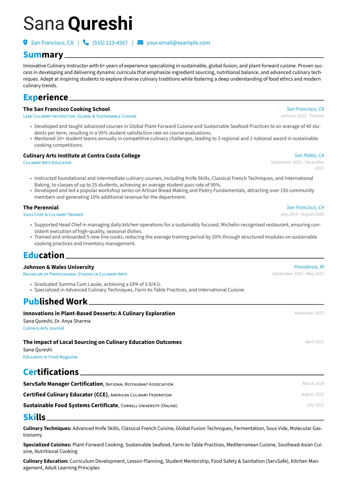 Culinary Instructor resume example, Sustainable & Global, page 1