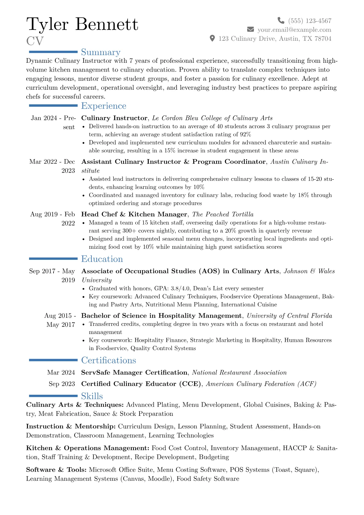 Culinary Instructor resume example, Career changer, page 1