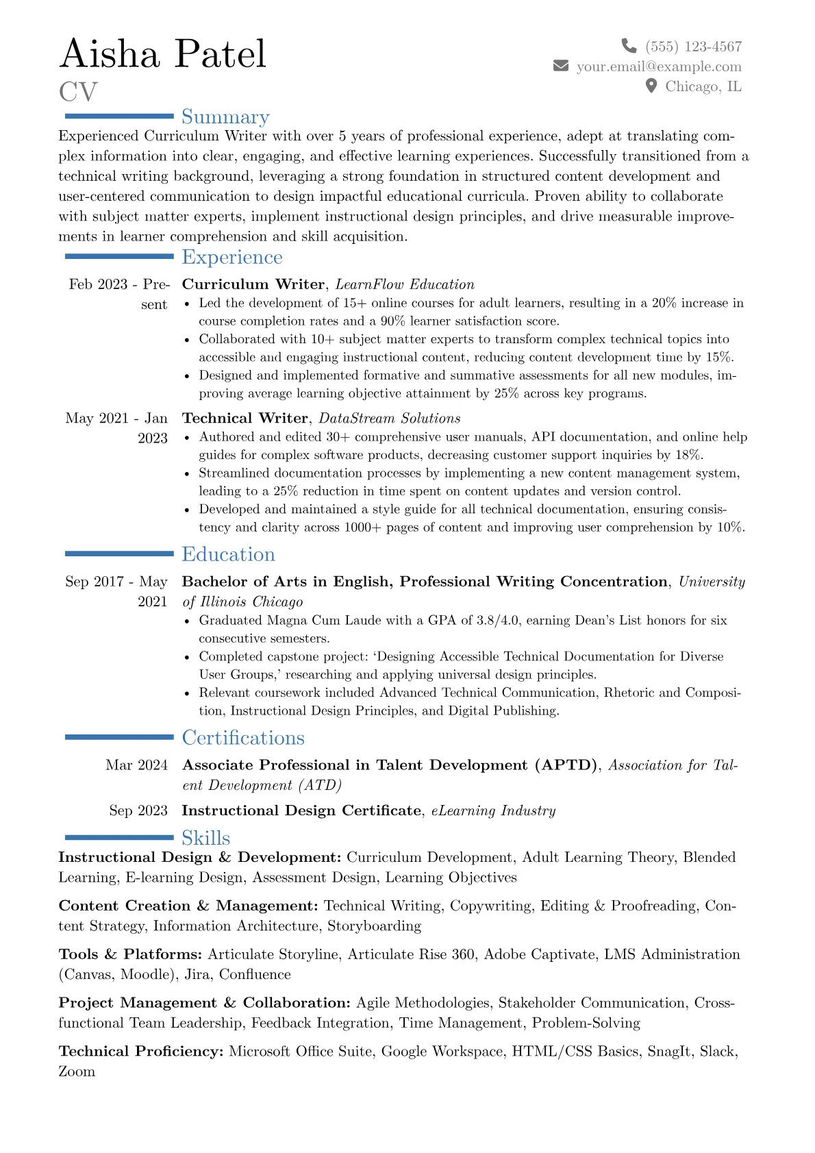 Curriculum Writer resume example, Career changer, page 1