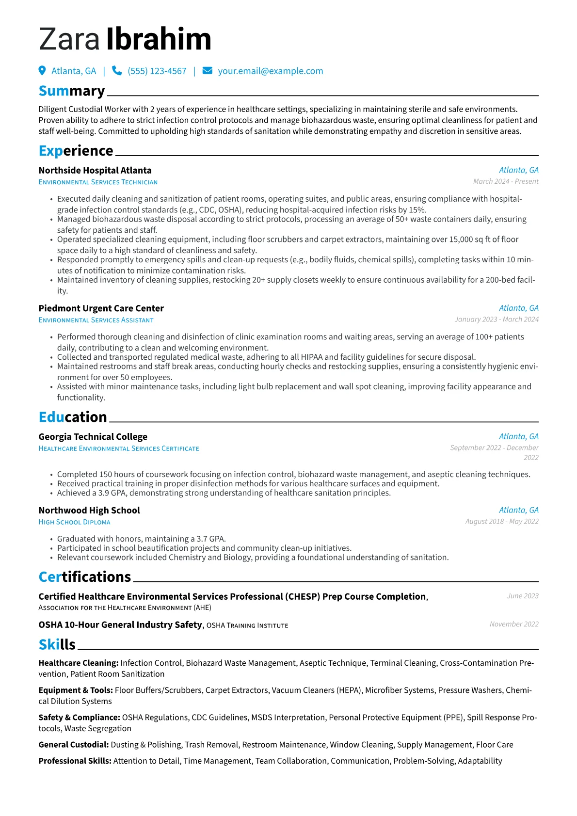 Custodial Worker resume example, Healthcare Custodial, page 1