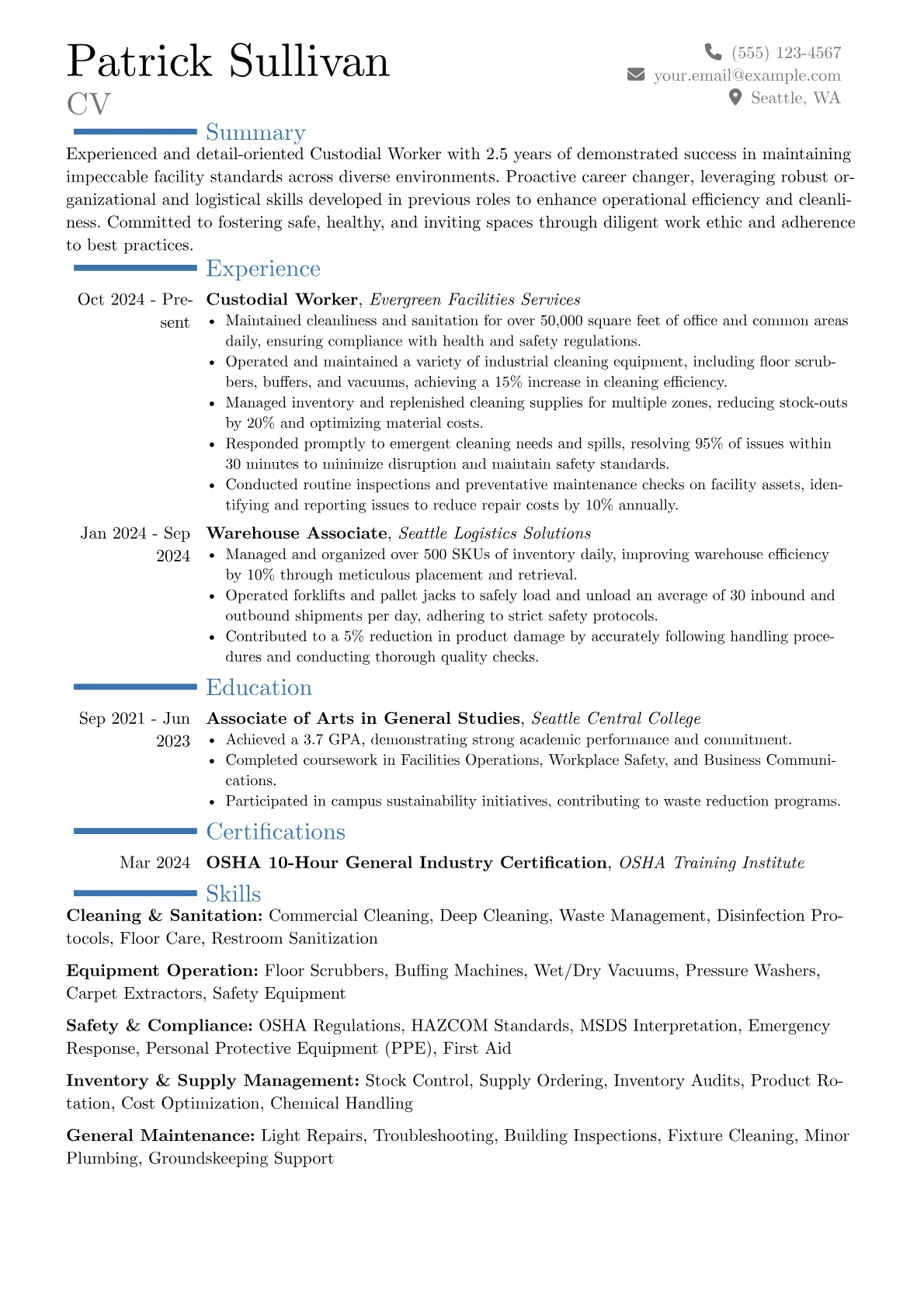 Custodial Worker resume example, Career changer, page 1