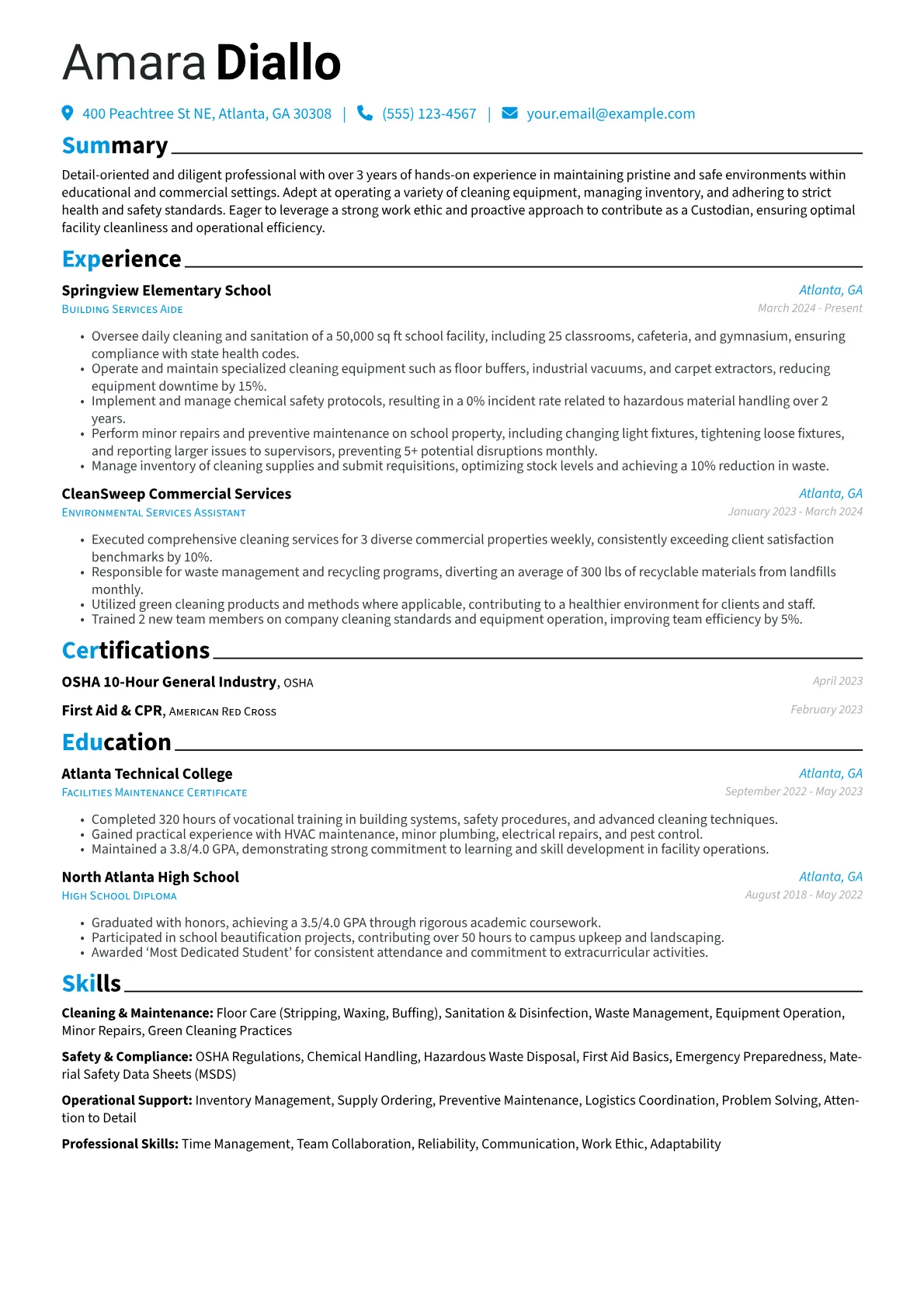 Custodian No Experience resume example, Custodian - Educational, page 1