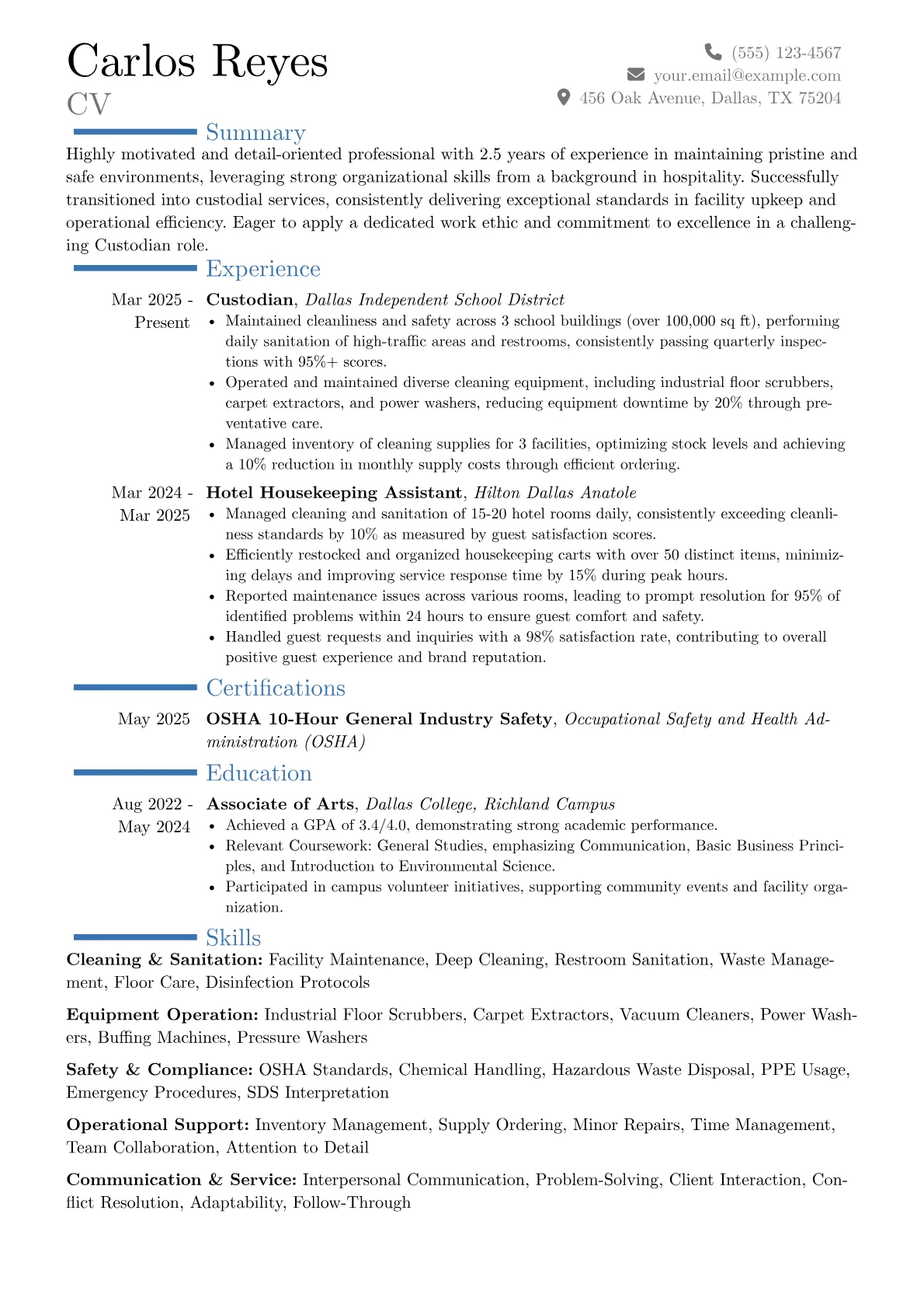 Custodian No Experience resume example, Career changer, page 1