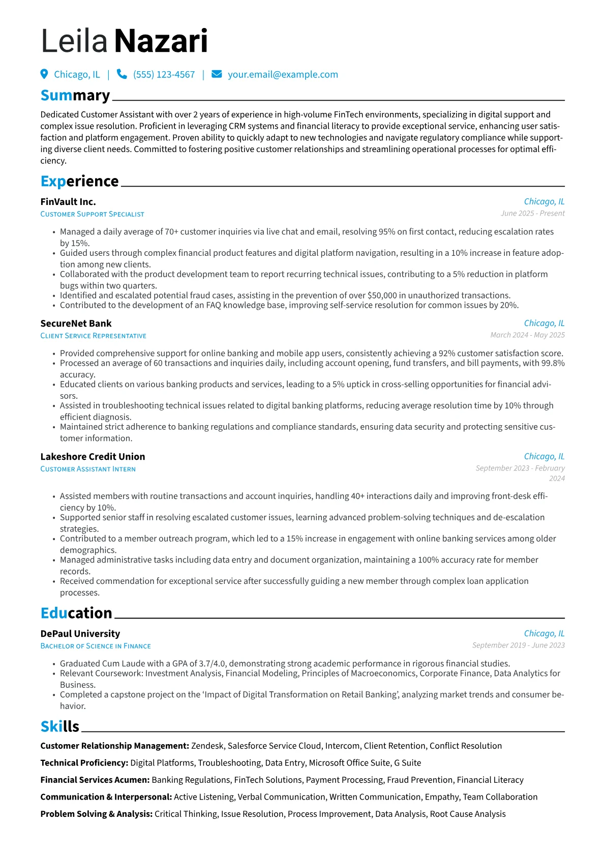 Customer Assistant resume example, FinTech Customer Assistant, page 1