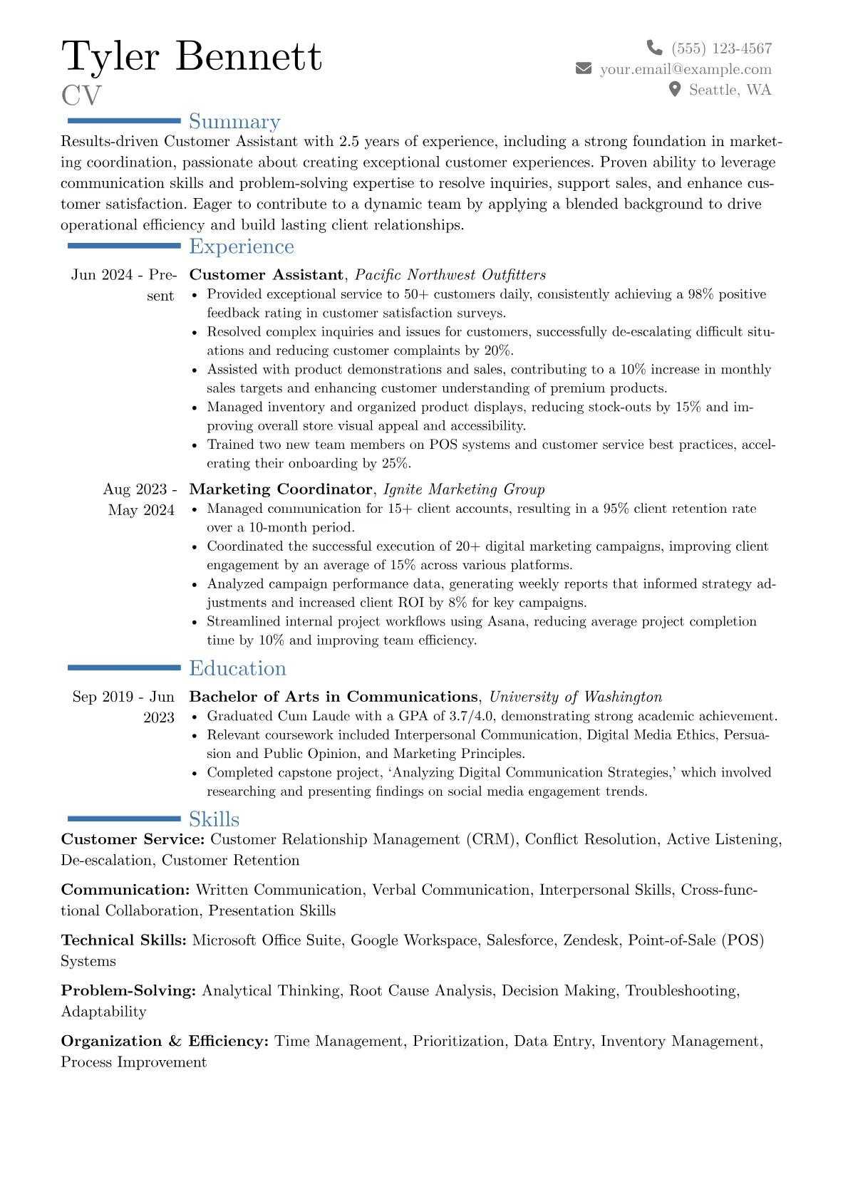 Customer Assistant resume example, Career changer, page 1