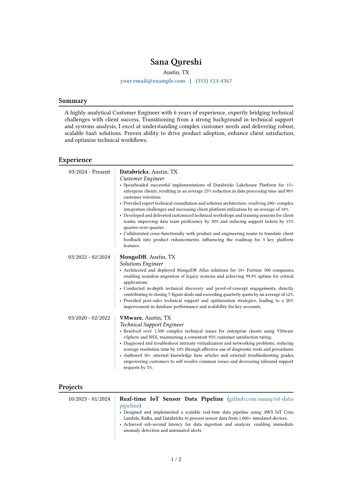 Customer Engineer resume example, Career changer, page 1