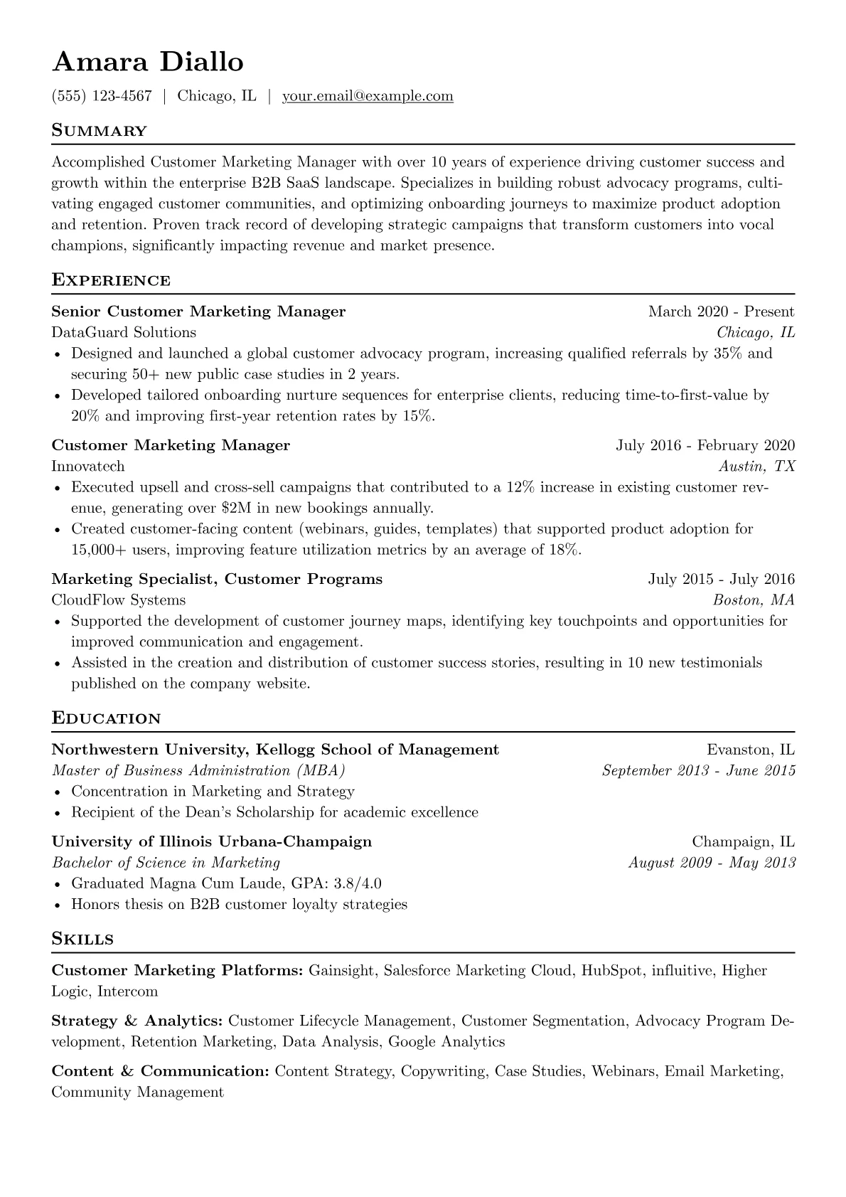 Customer Marketing Manager resume example, Enterprise B2B SaaS, page 1