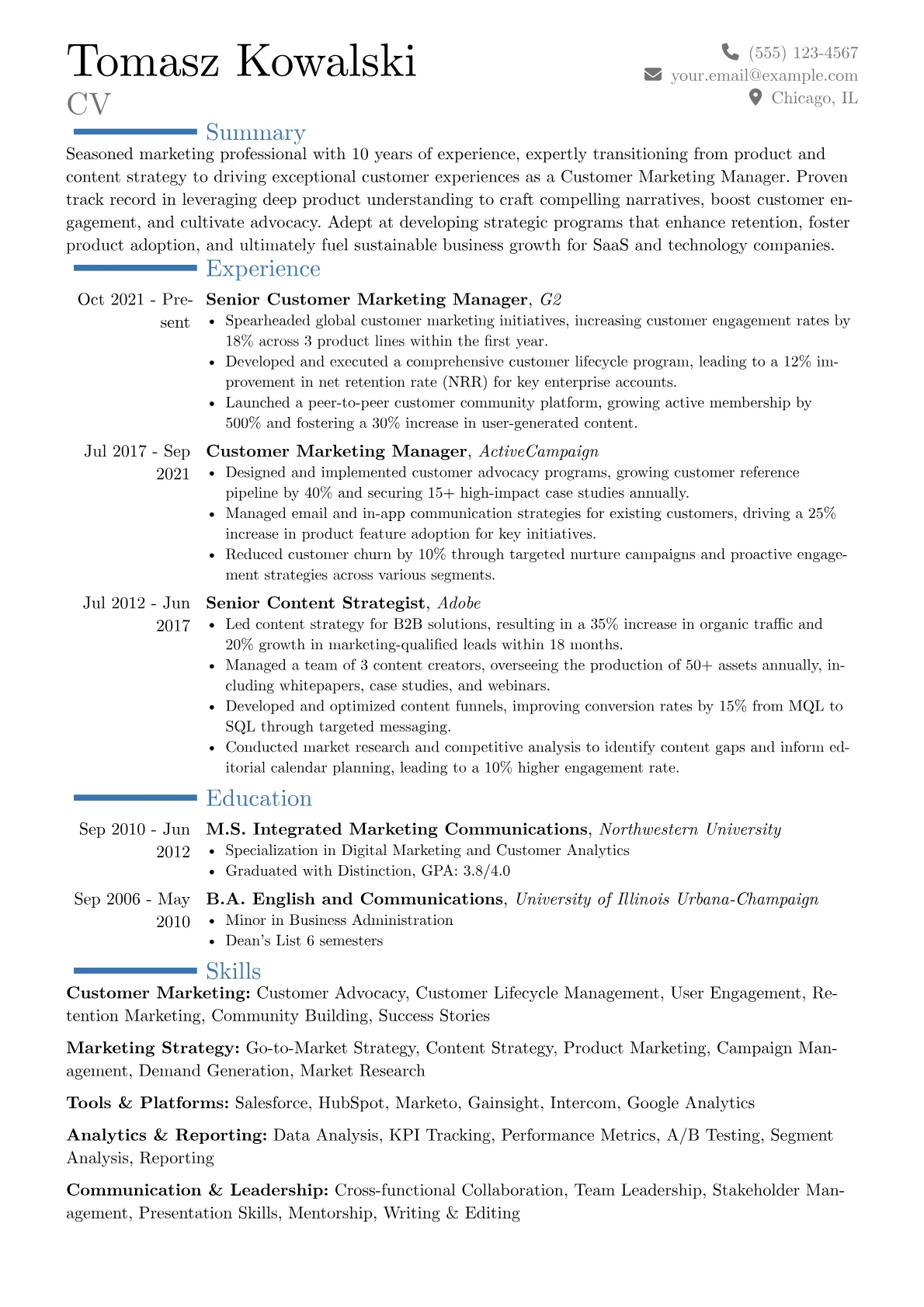 Customer Marketing Manager resume example, Career changer, page 1