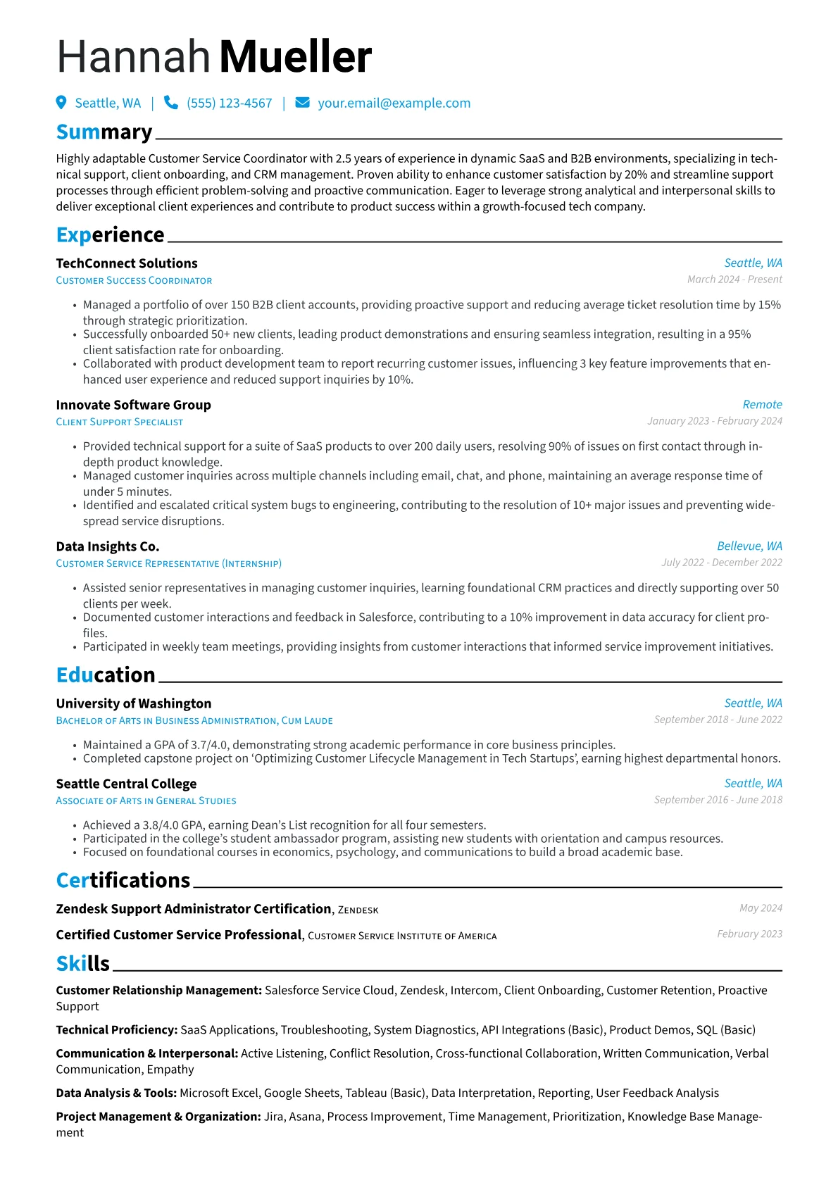 Customer Service Coordinator resume example, Customer Service, page 1