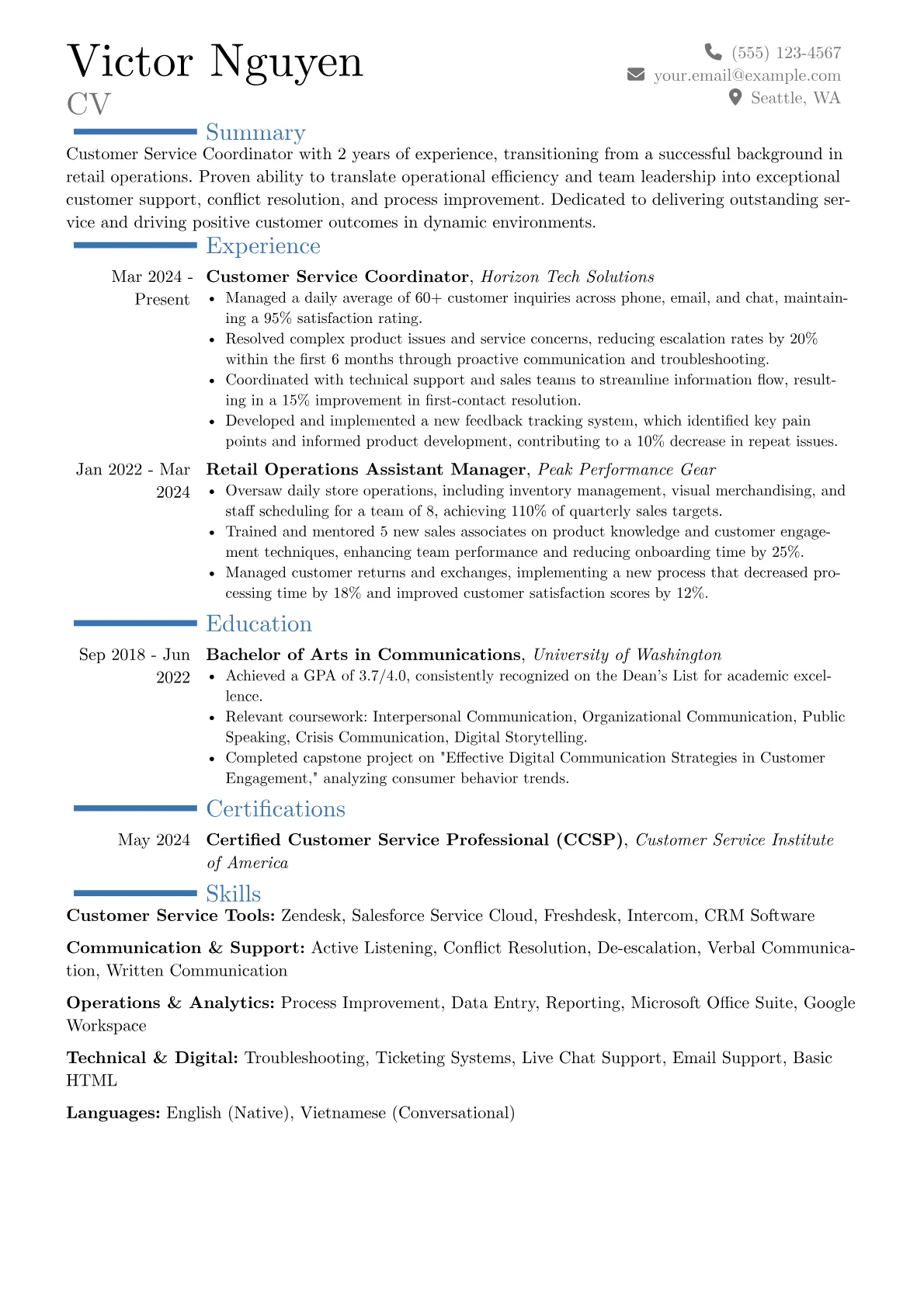 Customer Service Coordinator resume example, Career changer, page 1