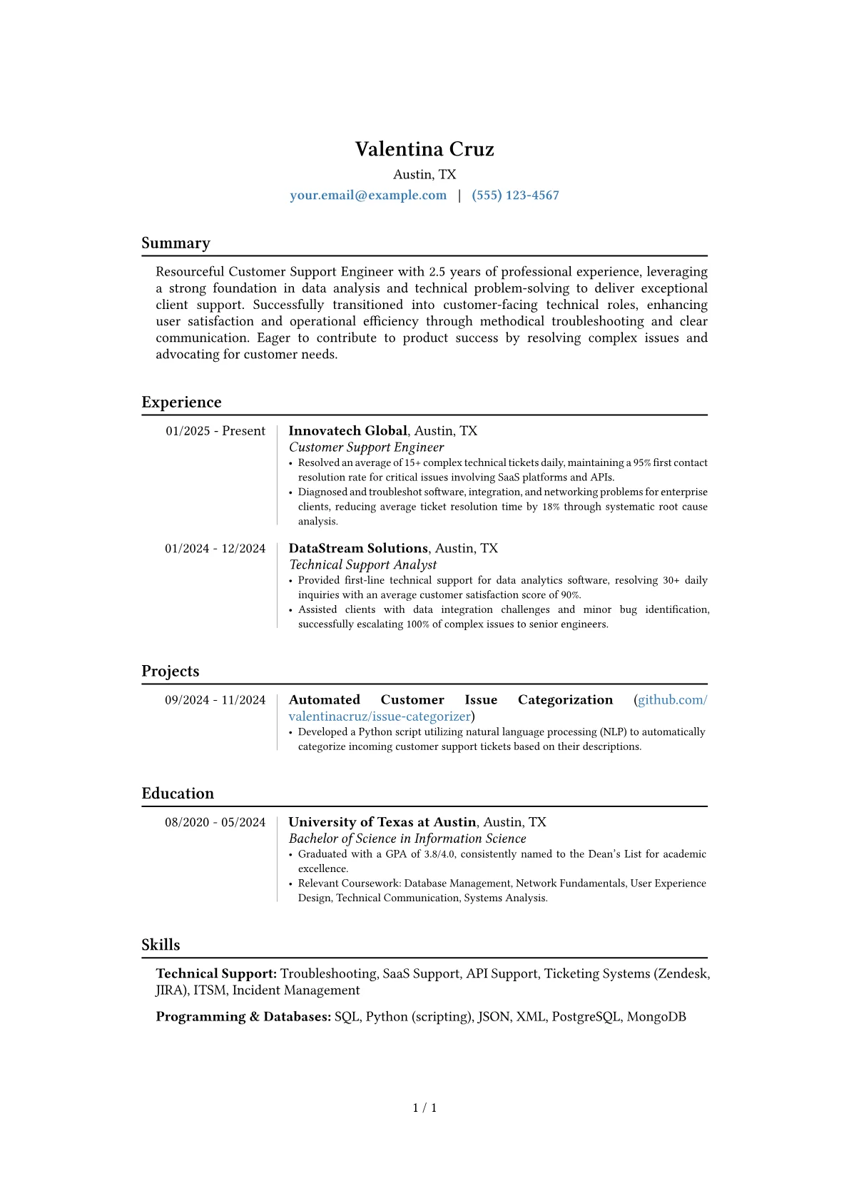 Customer Support Engineer resume example, Career changer, page 1