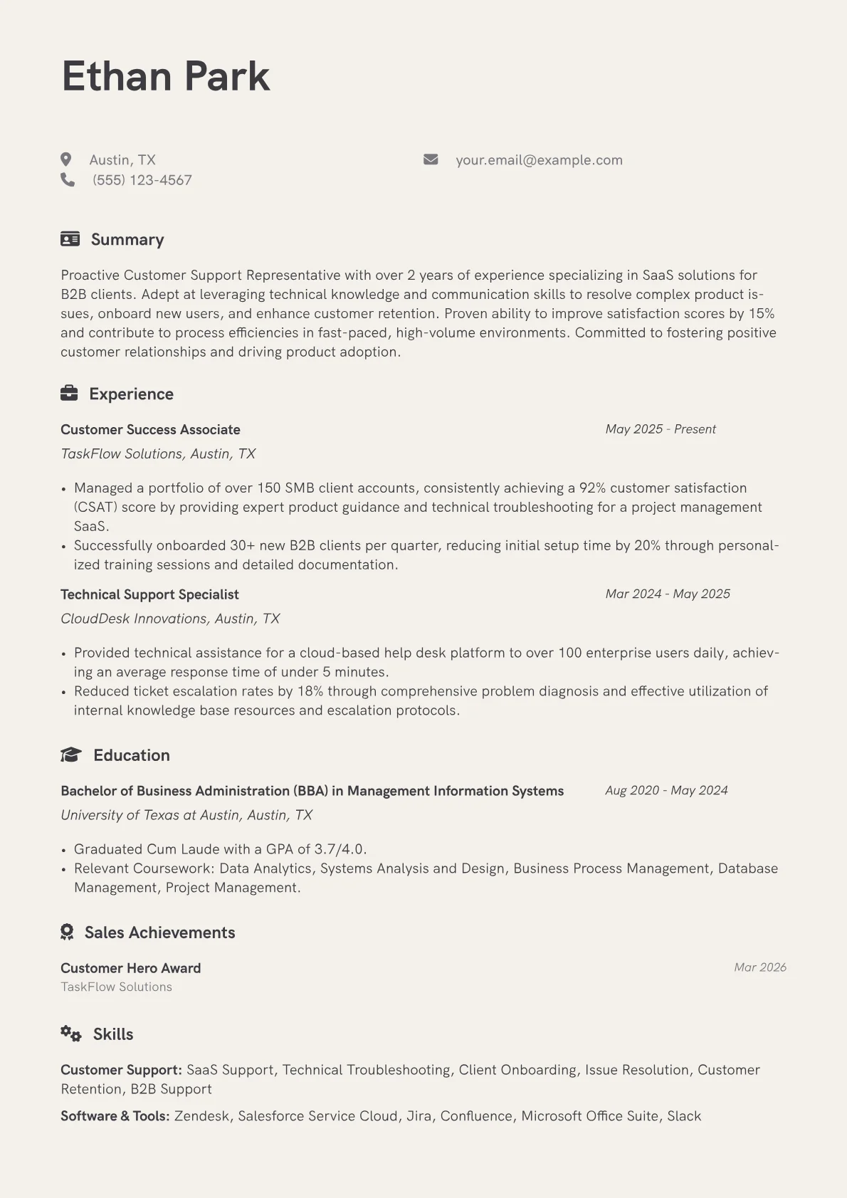 Customer Support Representative resume example, SaaS B2B Technical, page 1