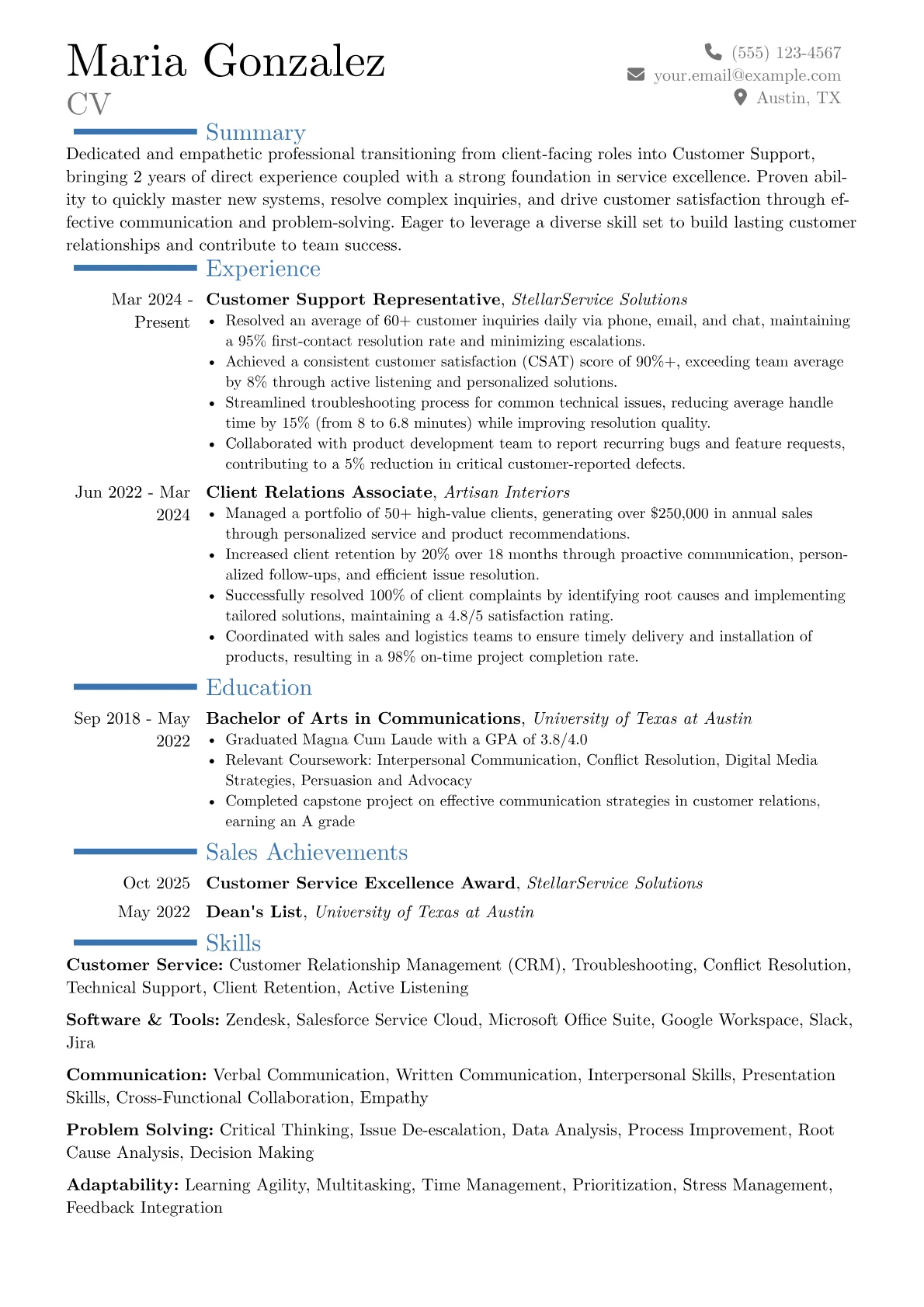 Customer Support Representative resume example, Career changer, page 1