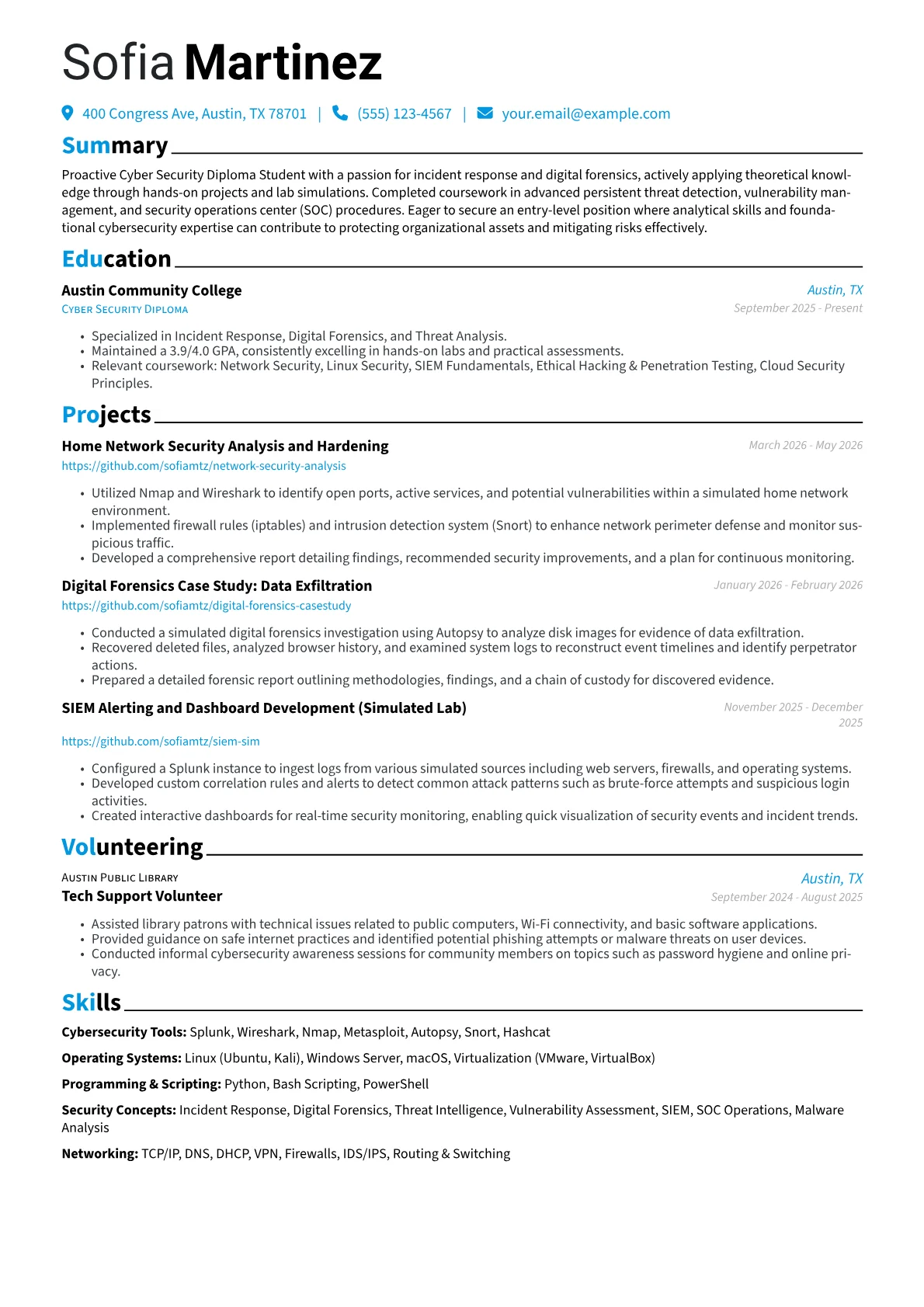 Cyber Security Diploma Student resume example, Cyber Security Diploma, page 1