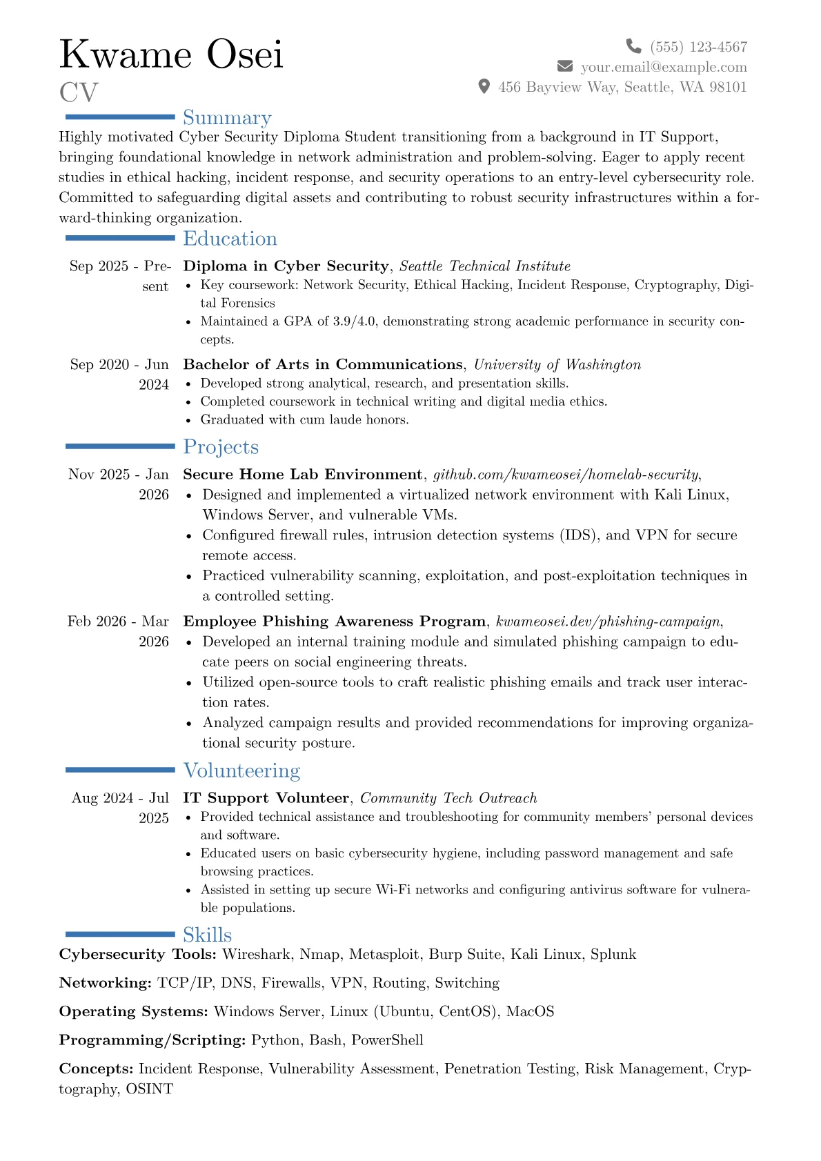 Cyber Security Diploma Student resume example, Career changer, page 1