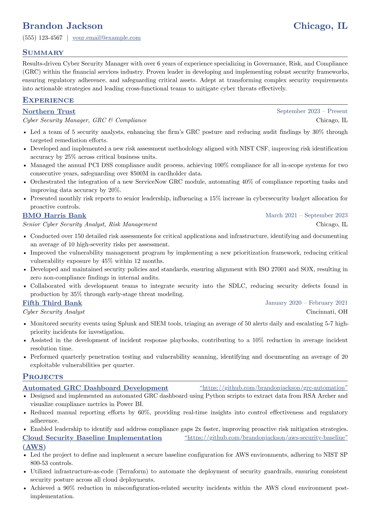Cyber Security Manager resume example, Cyber Security Manager, page 1