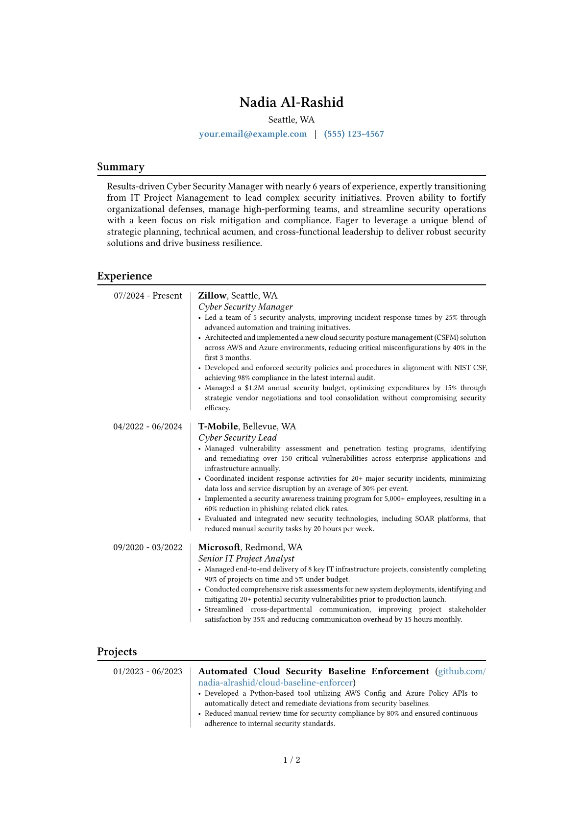 Cyber Security Manager resume example, Career changer, page 1