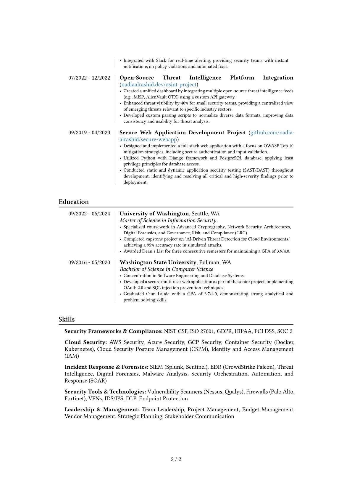 Cyber Security Manager resume example, Career changer, page 2