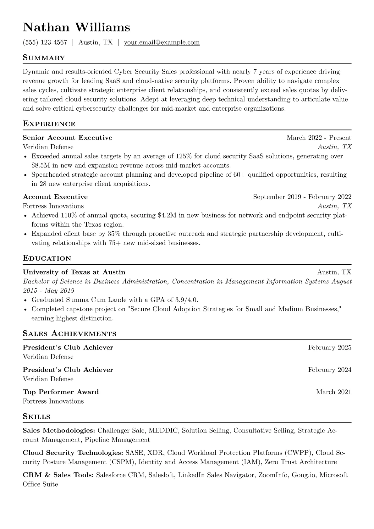 Cyber Security Sales resume example, Cloud Security Sales, page 1