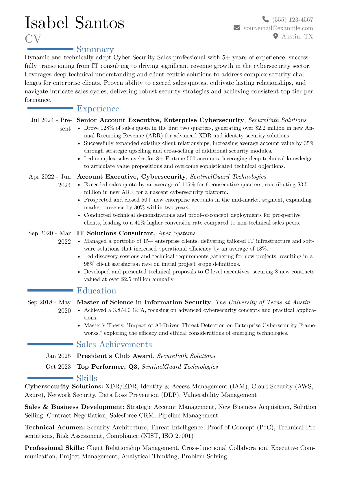 Cyber Security Sales resume example, Career changer, page 1