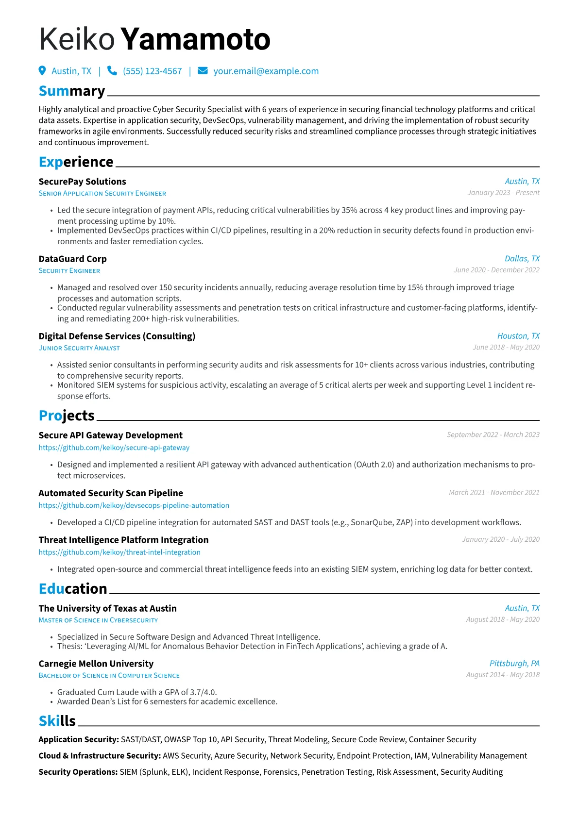Cyber Security Specialist resume example, FinTech Application, page 1