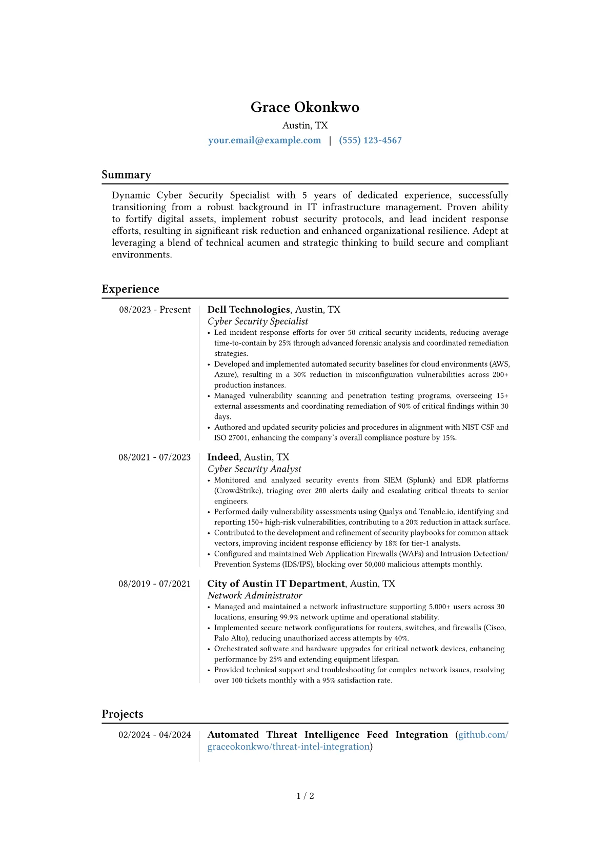 Cyber Security Specialist resume example, Career changer, page 1