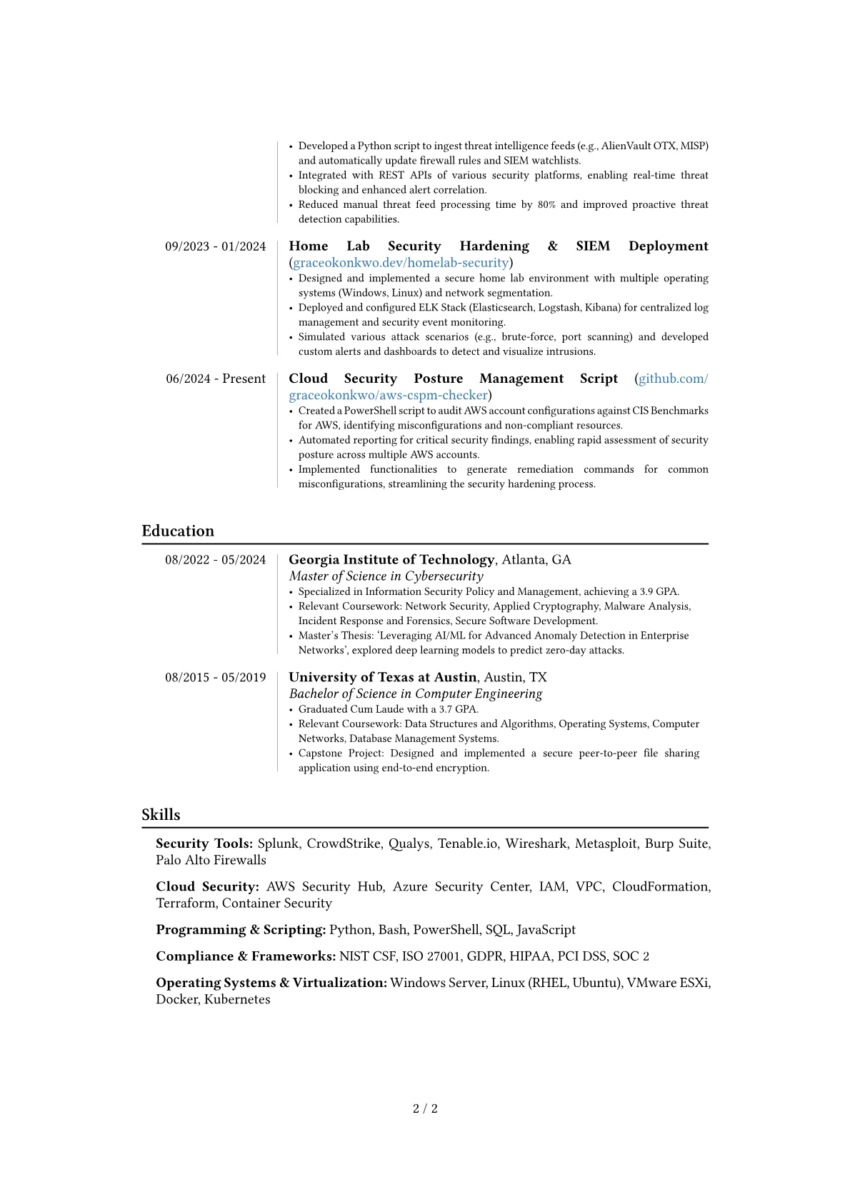 Cyber Security Specialist resume example, Career changer, page 2