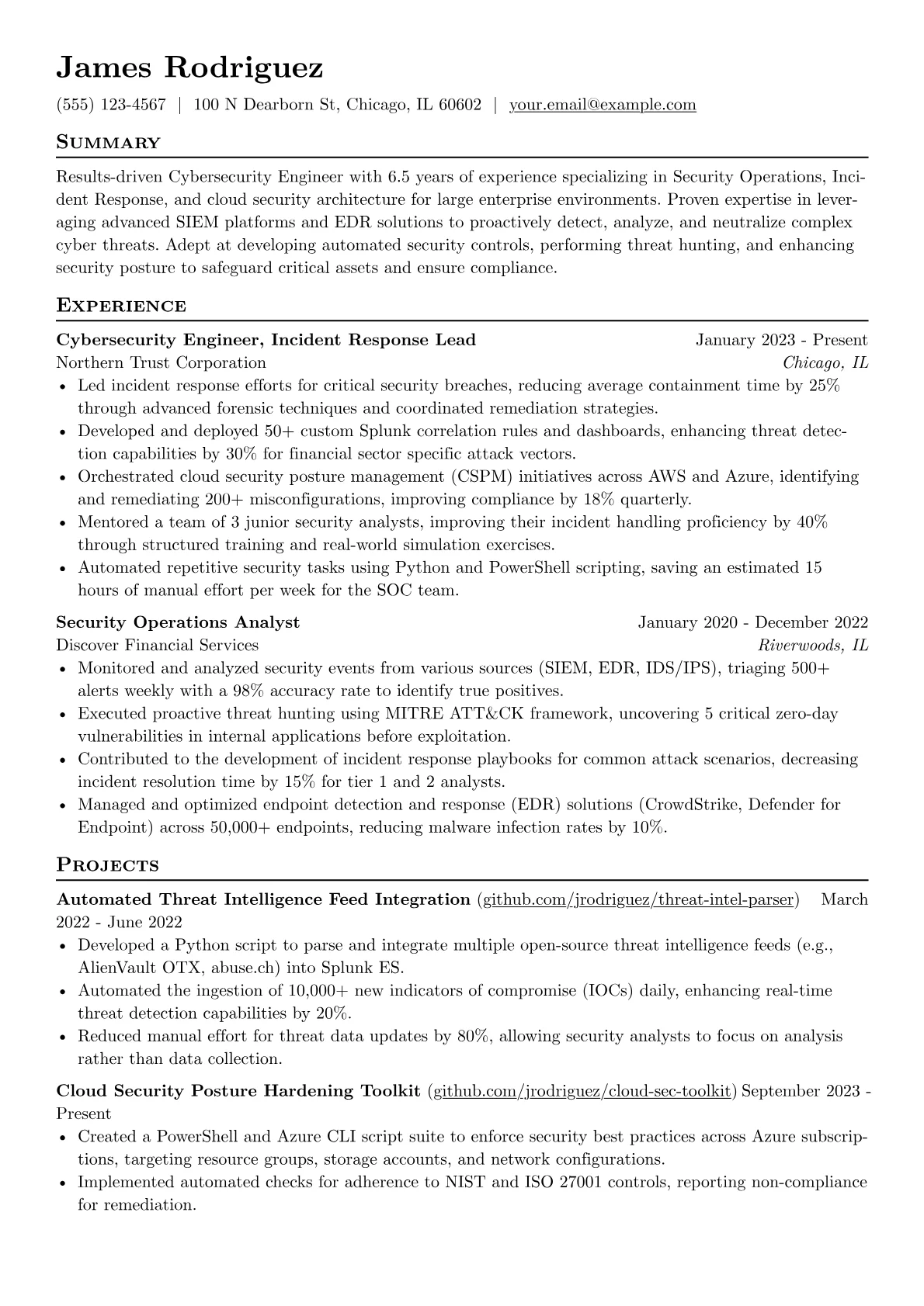 Cybersecurity Engineer resume example, SIEM & Logging, page 1