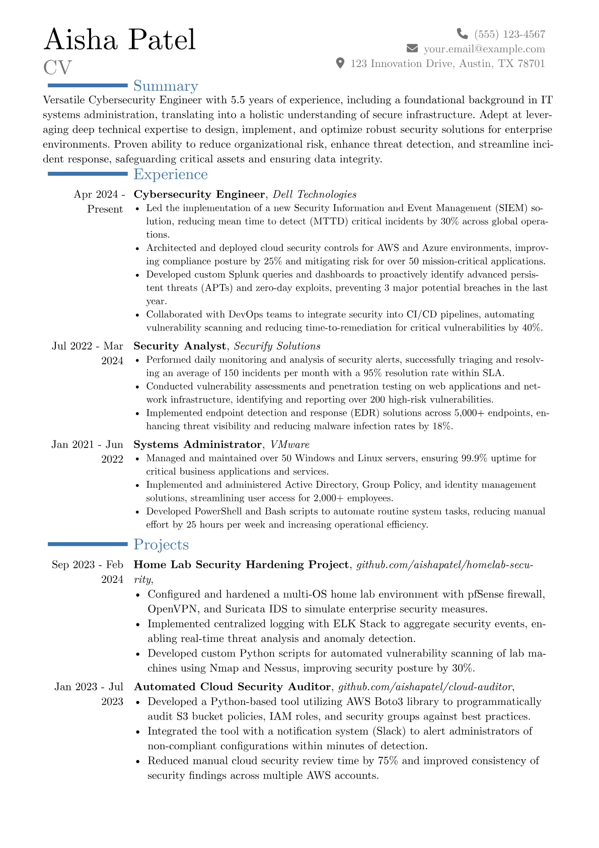 Cybersecurity Engineer resume example, Career changer, page 1