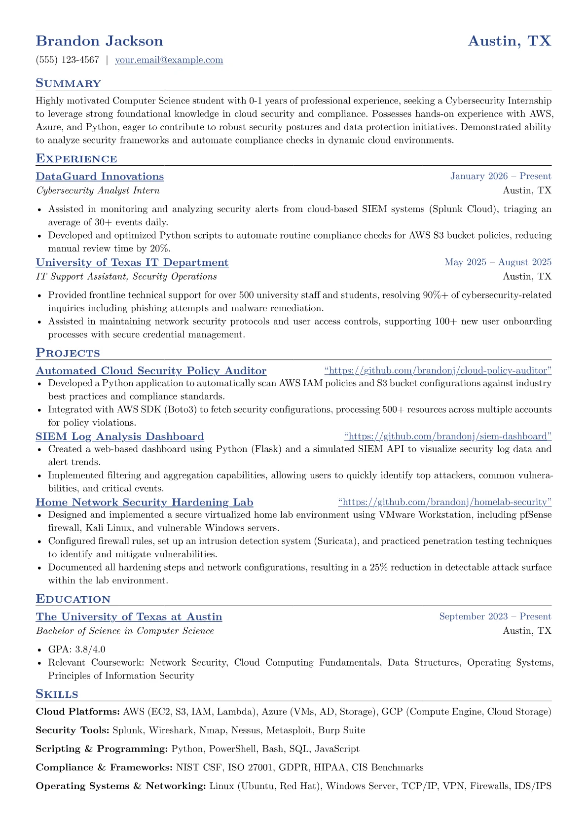 Cybersecurity Internship resume example, Cloud Security Intern, page 1