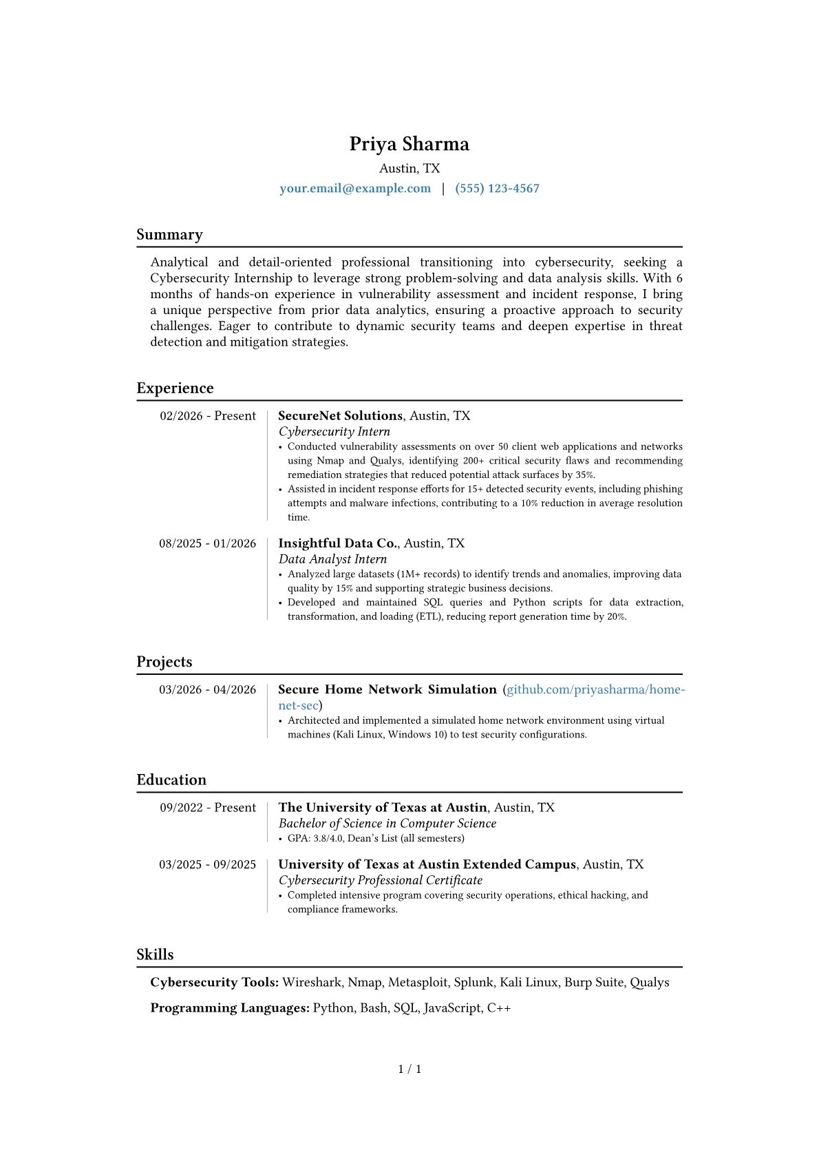 Cybersecurity Internship resume example, Career changer, page 1