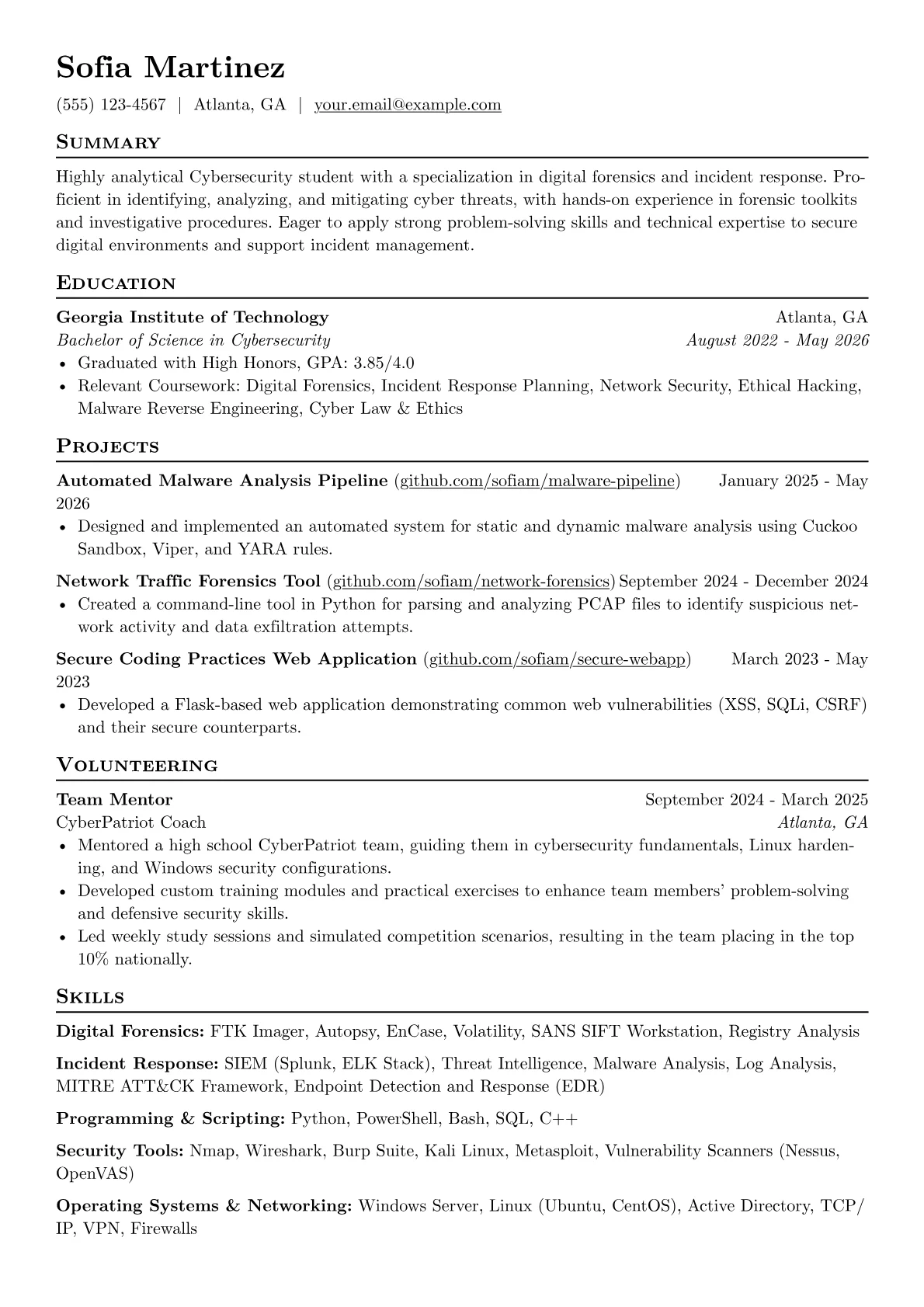 Cybersecurity Student resume example, Digital Forensics, page 1