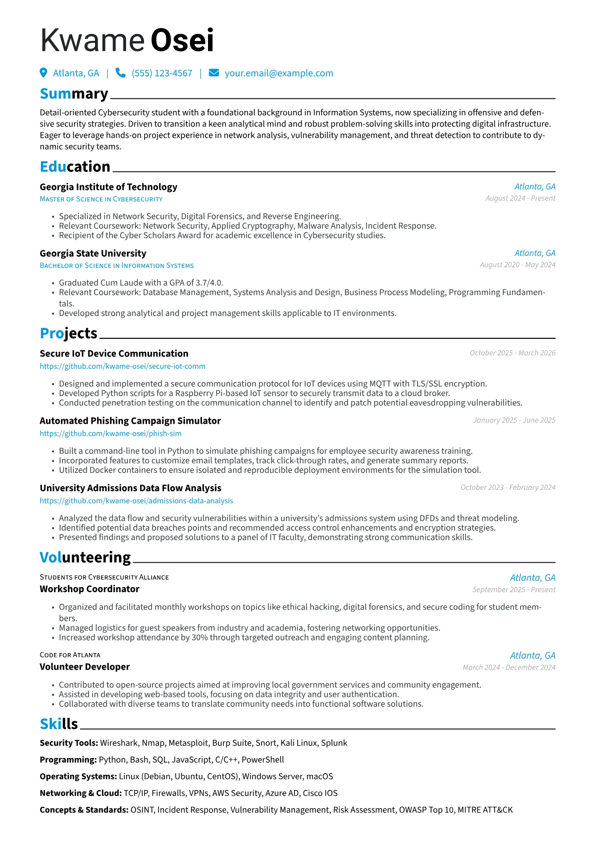 Cybersecurity Student resume example, Career changer, page 1