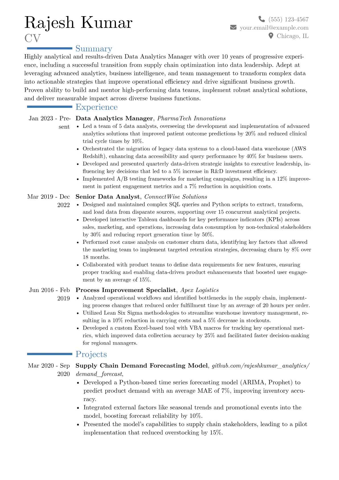 Data Analytics Manager resume example, Career changer, page 1