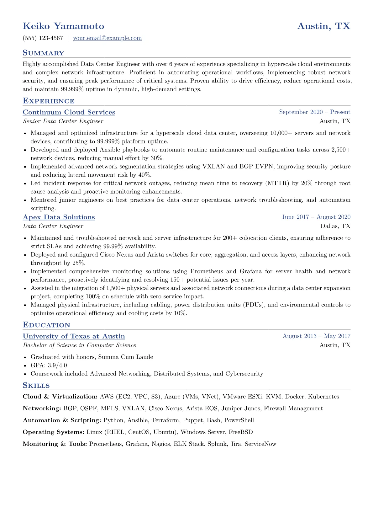 Data Center Engineer resume example, Cloud & Virtualization, page 1