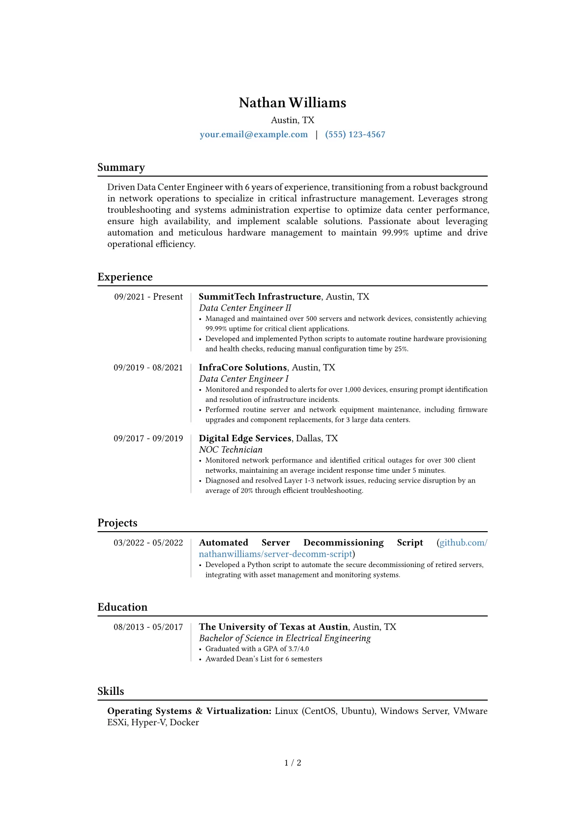 Data Center Engineer resume example, Career changer, page 1