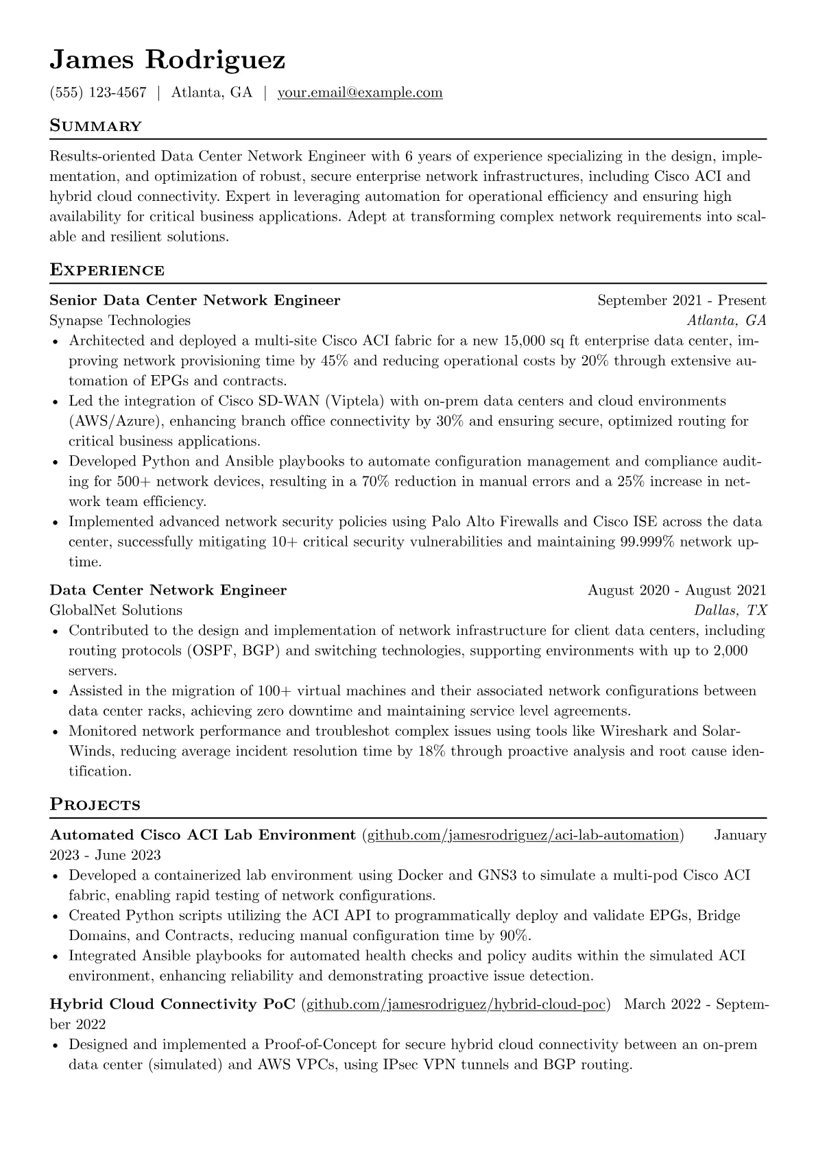 Data Center Network Engineer resume example, Enterprise ACI & Hybrid, page 1