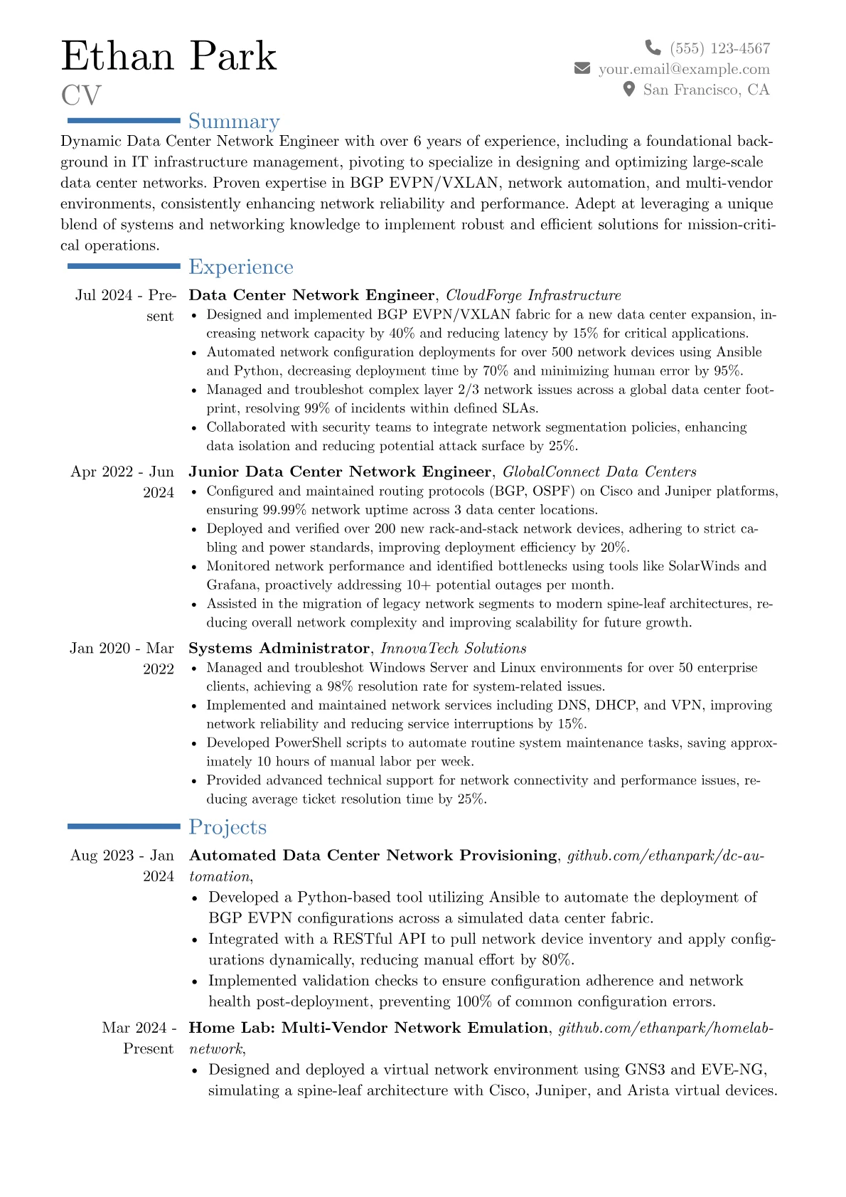 Data Center Network Engineer resume example, Career changer, page 1