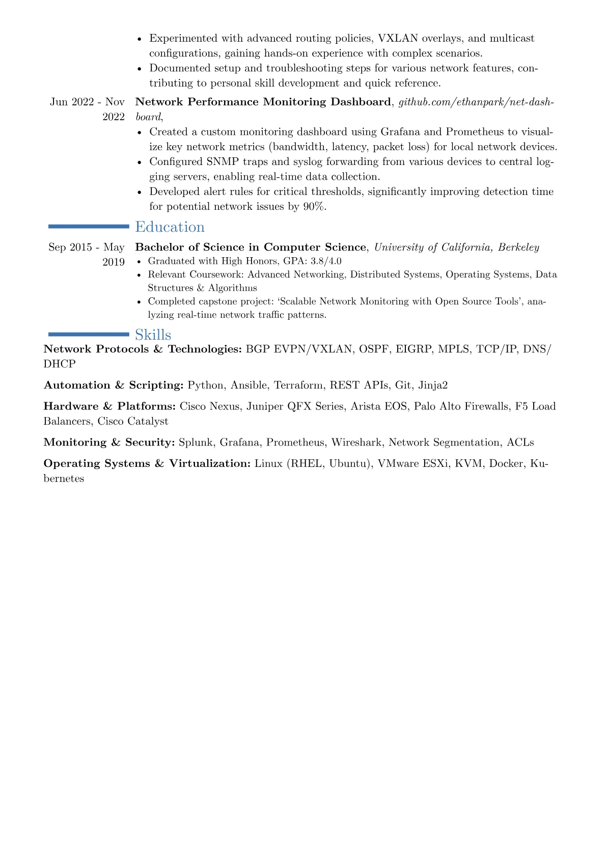 Data Center Network Engineer resume example, Career changer, page 2